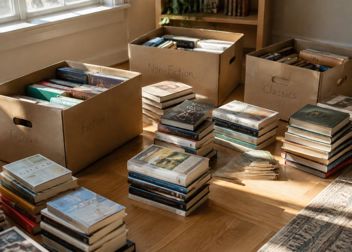 Boxes of books being sorted on a wooden floor