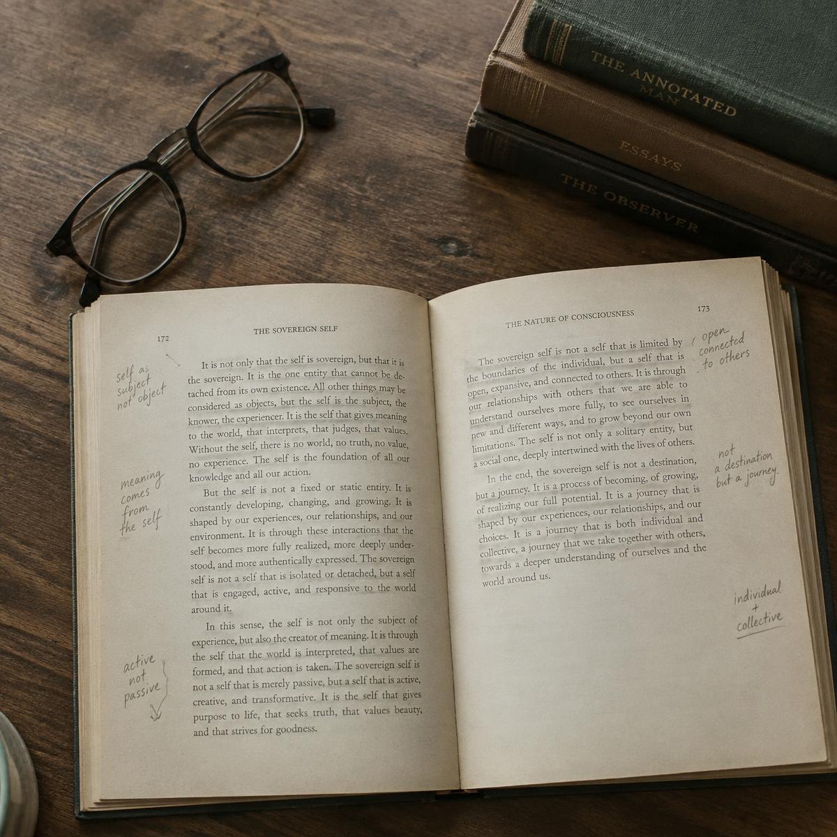 An open book with pencil marginalia beside reading glasses